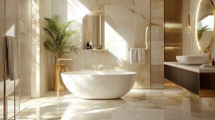 A chic bathroom with a freestanding white bathtub, marble floors, and gold fixtures. Floor-to-ceiling tiles and a large mirror reflect natural light from a skylight.