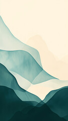 Soft, flowing abstract landscape graphic minimal style  with layered teal and cream hues, creating sense of depth and calm. gentle curves evoke , perfect for modern decor