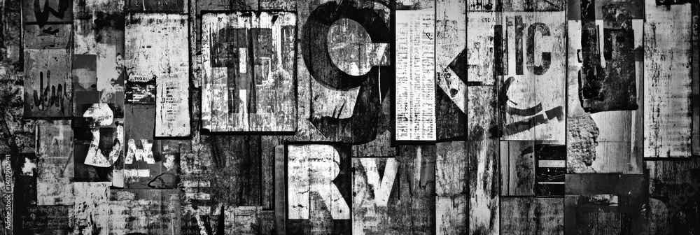 Poster collage of random letters and words in black and white grunge style showcasing typography artistry i