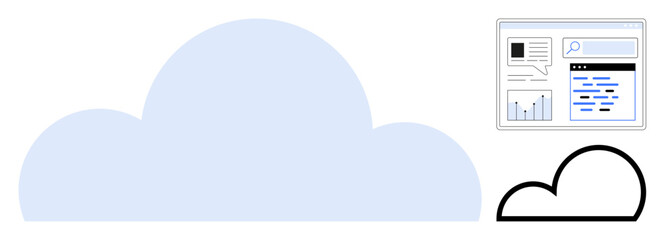 Blue cloud alongside web interface for data insights and analytics. Ideal for cloud technology, data management, web development, online storage, network security, minimal interface, simple landing