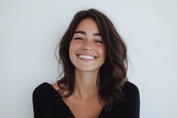 Fototapeta premium Woman Smiling On White. Portrait of Carefree Girl Laughing With Business Lifestyle
