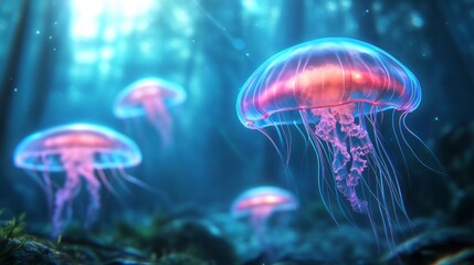 Bioluminescent jellyfish floating through a glowing neon forest, creating a surreal fantasy vibe