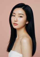 Fototapeta premium Portrait of a Beautiful Young Asian Woman with Long Straight Black Hair and Smooth, Radiant Skin, Wearing a Simple White Top Against a Soft Pink