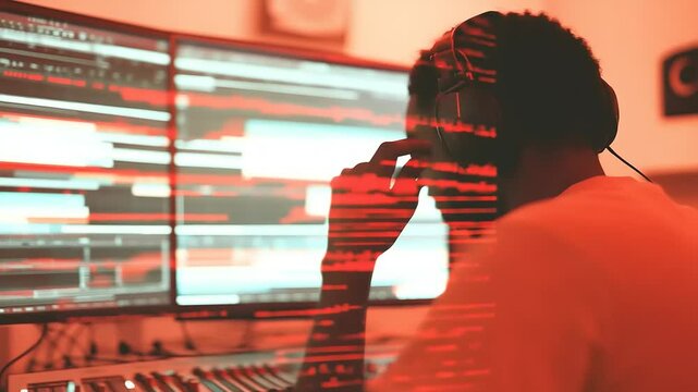 Focused digital artist working on music production software