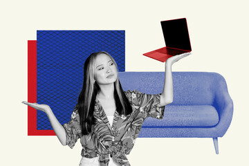 Sketch full zine artwork collage of minded businesswoman hold remote laptop freelancer worker stand indoor sofa it-specialist