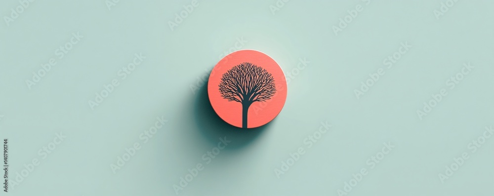 Poster minimalist round icon showing tree silhouette on light blue background