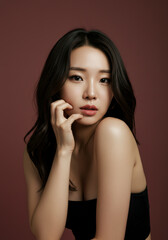 Fototapeta premium Portrait of a Beautiful Young Asian Woman with Smooth Skin and Long Wavy Hair, Wearing a Black Top Against a Maroon Background. Ideal for Beauty, Fashion, and Skincare Advertising.