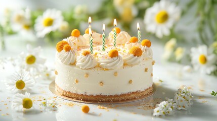 Birthday cake with candles surrounded by flowers on a bright background.