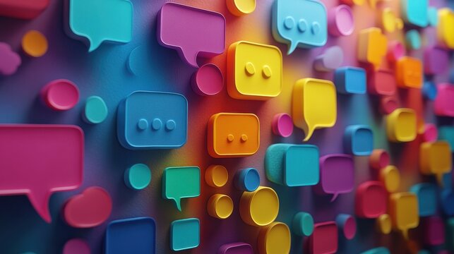 colorful speech bubbles create vibrant visual representation of trending topics hashtags digital graphic shows engaging online communication ideas for social media abstract design suggests social