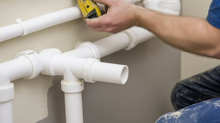 Construction worker fitting plumbing pipes in a wall. Featuring skill and precision