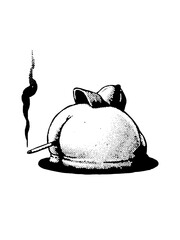 Surreal black and white illustration of a peach-like form pierced by a smoking object.