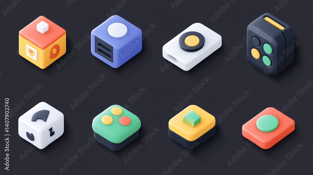 Poster Set of colorful isometric app icons representing various functions and features