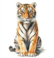 Obraz premium Realistic tiger illustration showcasing detailed fur textures in a calm seated posture against a white background