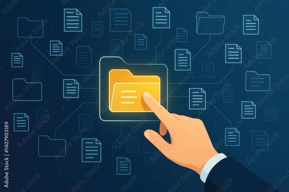 Poster digital navigation: a luminous hand points towards a highlighted folder, surrounded by interconnecte