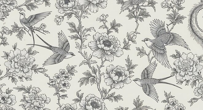 Fototapeta Elegant Monochrome Floral & Bird Wallpaper Design AI Generated