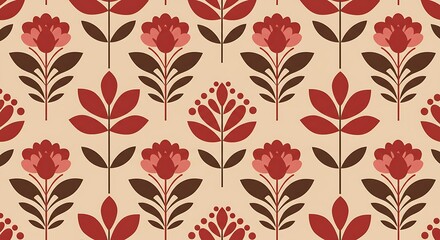 Crimson & Beige Floral Textile Pattern: Vintage Style Design AI Generated