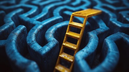 concept solving a complex problem by thinking out of the box or cheating blue maze,floor,a yellow ladder leaned against the wall selective focus