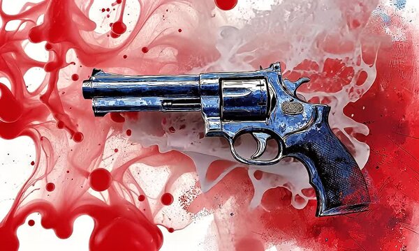 Abstract painting of a revolver firing, with red splatter suggesting blood.