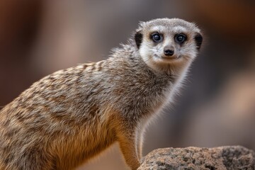 Obraz premium A curious meerkat, captured in high-resolution detail, surveys its surroundings from atop a sun-drenched rock.