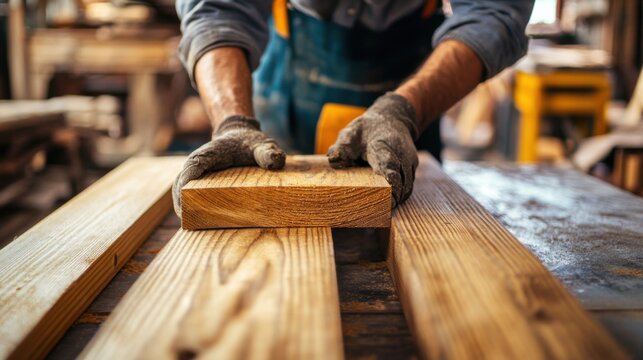 Hispanic carpenter sanding wooden beams in a workshop. Featuring woodworking and carpentry