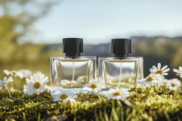 Bottles amidst daisy field in a garden setting.