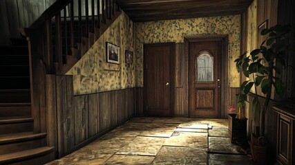 Immersive walkthrough of a vintage foyer showcasing aged wood paneling stairs and a worn oriental rug design - Powered by Adobe