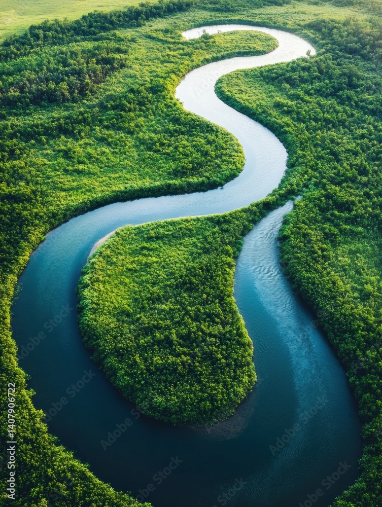 Aufkleber winding river flows through lush green landscape creating a spiral pattern in nature