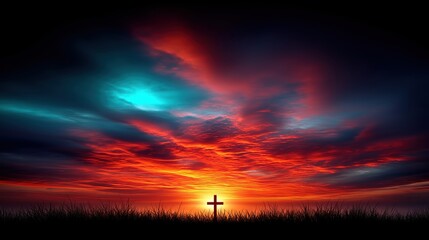 Fototapeta premium A majestic cross stands silhouetted against a vibrant, fiery sunset sky on a hilltop, creating a breathtaking and spiritual scene of hope and faith.