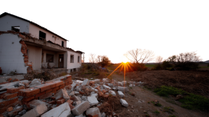 Abandoned House at Sunset: A forlorn abandoned house stands in stark contrast to the warm glow of the setting sun, evoking a sense of melancholy and loss.  The crumbling walls, strewn with debris.