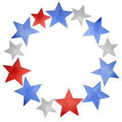 Obraz premium Watercolor star wreath in red, white, and blue on transparent background.