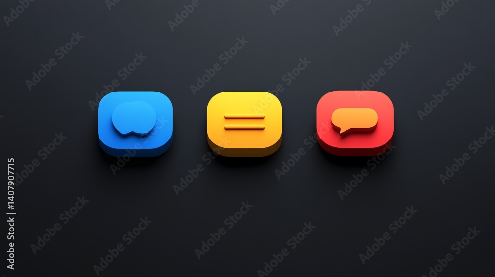 Poster colorful icons representing chat, menu, and notification on dark background