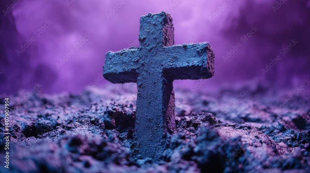 Poster cross imprint in gray ash on purple background ash wednesday copy space