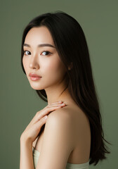 Naklejka premium Portrait of a Beautiful Young Asian Woman with Smooth Skin and Long Dark Hair, Elegant and Serene Expression Against a Soft Green Background, Ideal for Beauty, Skincare, and Fashion Advertising