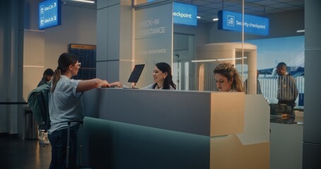 International Airport Terminal: Woman Giving Passport and Flight Ticket for Boarding, Young Man...