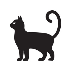 Black silhouette of a cat in a standing pose with tail curled. Perfect for pet-related designs, Halloween themes, and minimalist animal graphics.