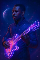 Obraz premium Interstellar Musician Playing Glowing Guitar in Outer Space