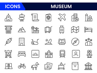Fototapeta premium Minimalist vector line icon set showcasing museum themes—artifacts, history, culture, exhibits, and learning. Ideal for educational websites, tourism apps, and cultural institutions.