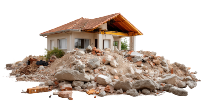 Demolition and Destruction: A house amidst rubble and debris, symbolizing ruin, aftermath, and environmental impact. Reflecting on the consequences of natural disasters or human-made destruction.