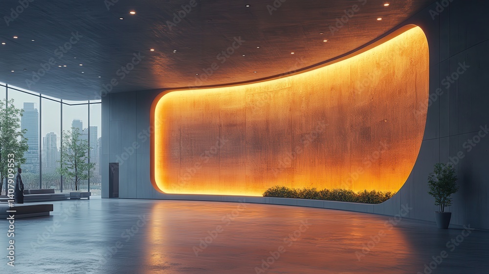 Aufkleber curved blank digital display screen in modern exhibition space,dark ceiling,lighting fixtures 3d ren