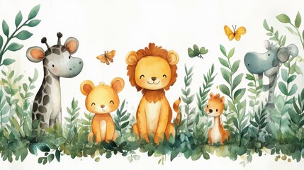 Naklejka premium cute cartoon safari zoo,animal frame border on background in watercolor style,stock image
