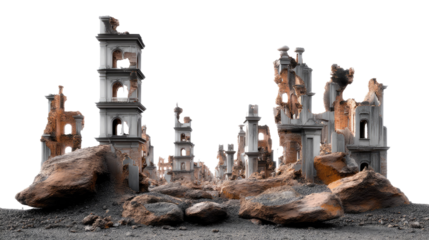 Ruined Cityscape: A miniature model of a ruined city, showcasing decaying architecture, towers, and crumbling structures against a stark landscape, evocative of desolation and the passage of time.