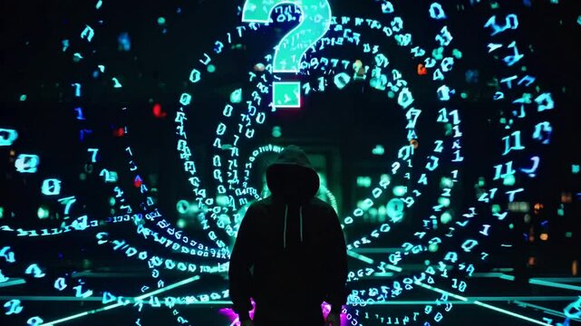 Hackerwith digital binary codes and numbers spinning background