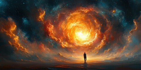 Silhouette of a Man Walking Toward a Cosmic Portal in a Surreal Golden Landscape