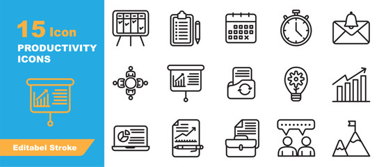 Productivity Icons. Icons Contains project board, task list, presentation, graphic, goal, etc . Design elements for you projects. Editable stroke vector illustration.