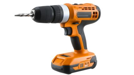Orange and black cordless drill with drill bit on transparent background