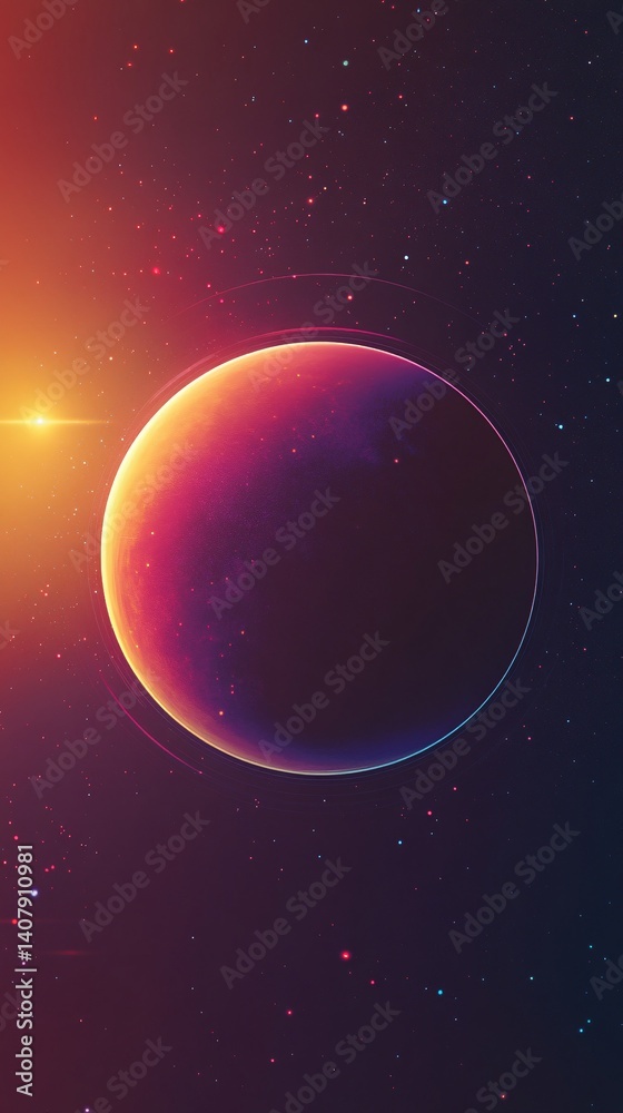 Poster bright star illuminating colorful planet in deep space