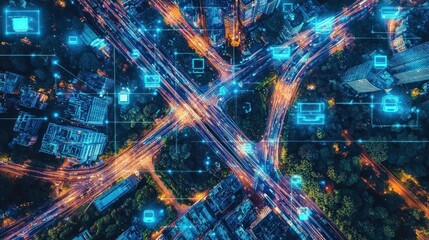 Fototapeta premium Aerial View of Urban Intersection with Digital Overlay