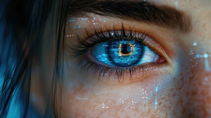 cybernetic vision close up of a woman s eye,futuristic digital data overlay showcasing technological advancement,stock photo