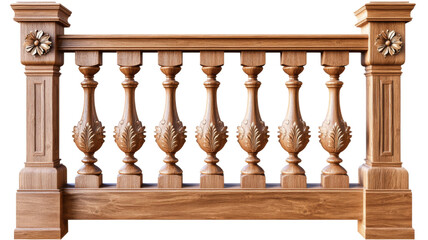 Classic wooden balustrade with carved floral details on transparent background