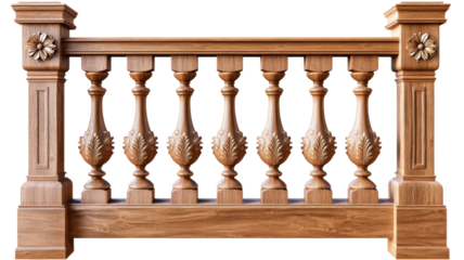 Classic wooden balustrade with carved floral details on transparent background